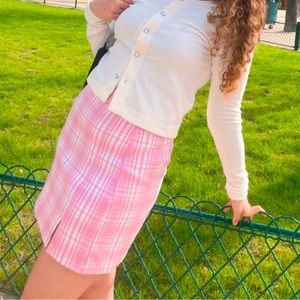 Pink Plaid Mini Skirt with Slit